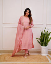 PRAGATI PINK  COLOURED  WOMEN'S RAYON SLUB  EMBROIDERED  KURTA WITH PANT DUPATTA SET